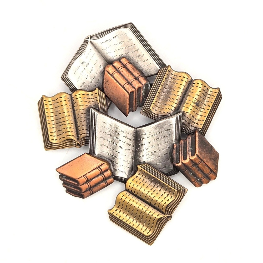 K&T Mixed Metal Book Stack Brooch Pin Silver Gold Copper Tone Librarian Jewelry